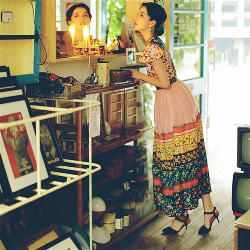 

Runway Newest Designer Long Maxi Women Dress Summer Chiffon Patchwork Lace Printed Floral Short Sleeve Slim Dress Vestidos