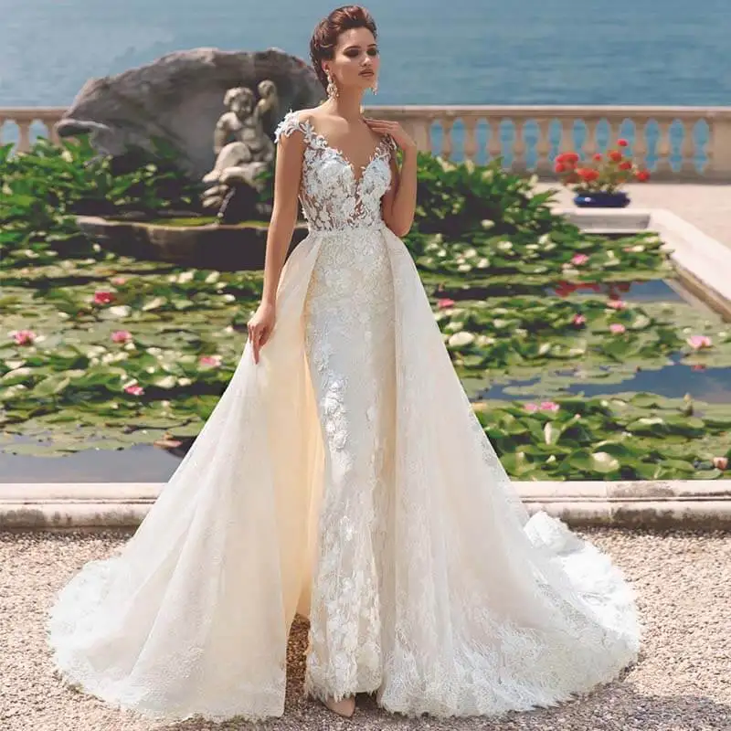 Luxury Full Lace Mermaid Wedding Dress with Detachable Train Elegant Scoop Neck Appliques Vintage Bridal Gowns | Свадьбы и торжества