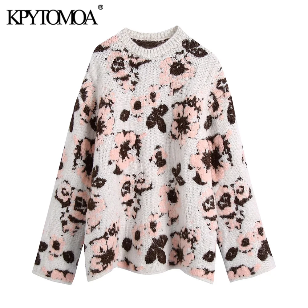 

KPYTOMOA Women Fashion Floral Jacquard Knitted Sweater Vintage Long Sleeve Loose Female Pullovers Chic Tops