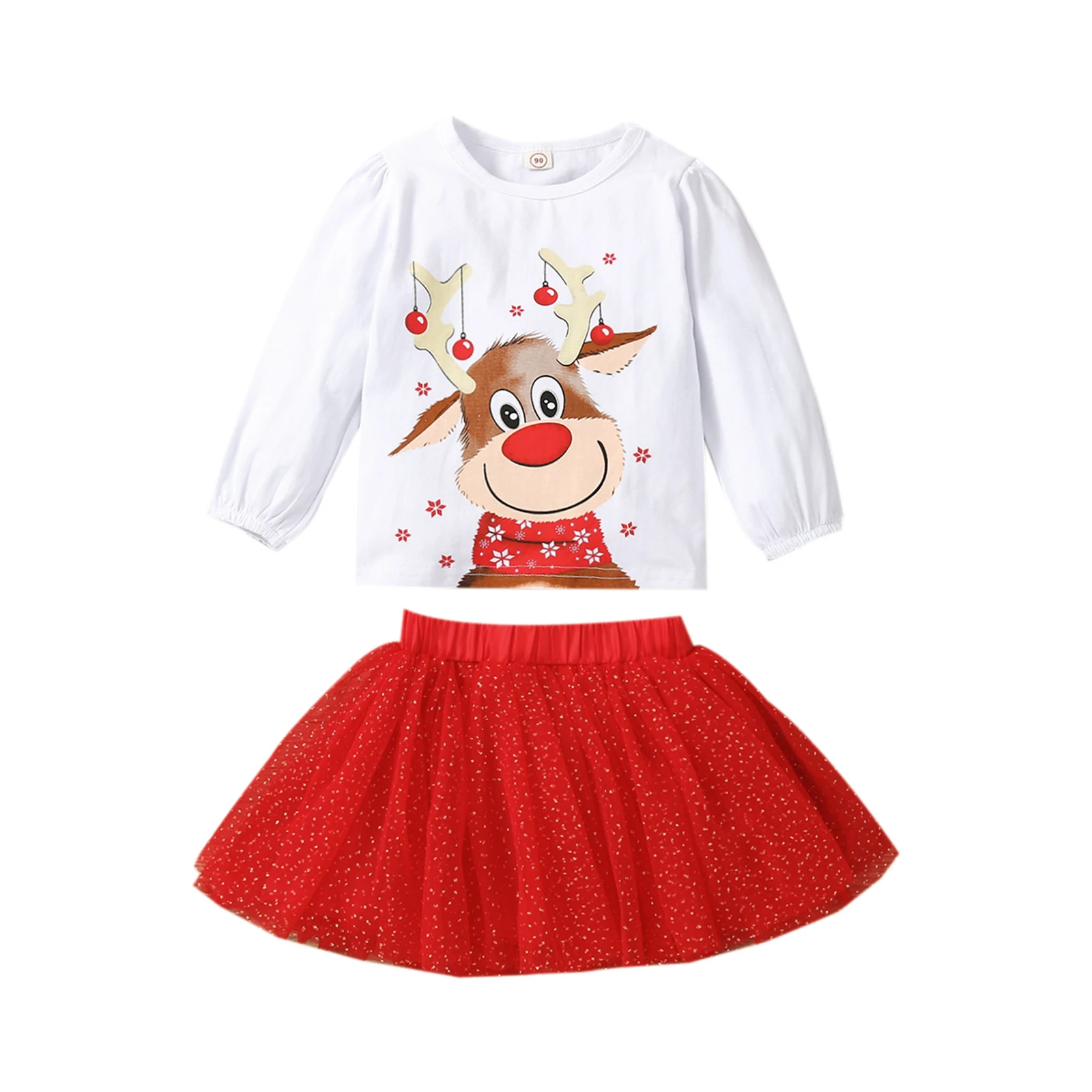 

Baby Girl Christmas Cotton Clothes Casual Set Deer Print Long Sleeve O-neck Elk Print Tops Dot Print Short Tulle Skirt