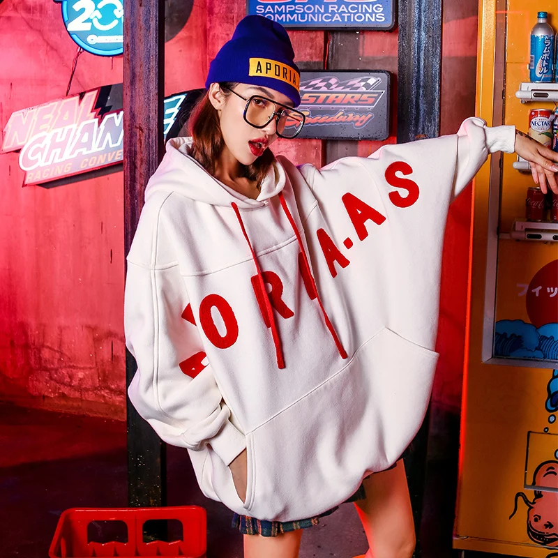 Autumn Jessica's Store Winter Women Casual Ultra Loose Batwing Sleeve Hooded Plus Velvet Warm Cotton Oversize White Chic Hoodies | Женская