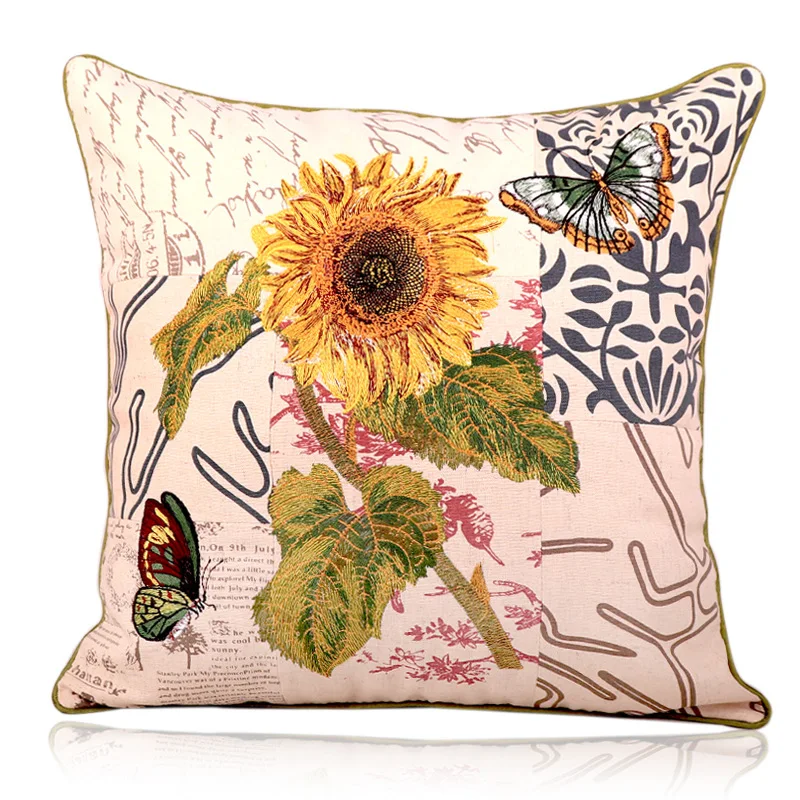 

Chinese Style 100% Cotton Embroidery Cushion Cover Home Decor Sunflower and Chrysanthemum Pillowcase Throw Pillow Case for Sofa