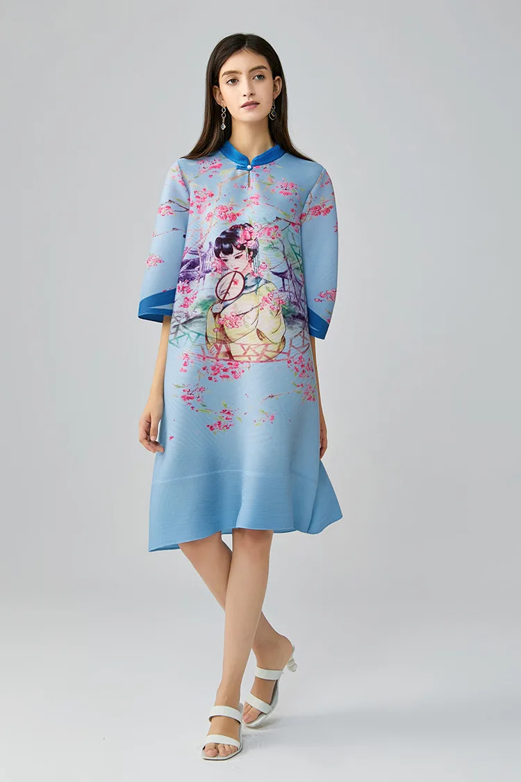 HOT SELLING  Fashion fold half sleeve Chinese style printing dress IN STOCK