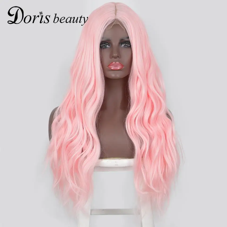 

Doris Beauty Synthetic Pink Wig Long Wavy Wigs for Women Omber Blonde Grey Red Natural Wave Hair Middle Part Cosplay Wig
