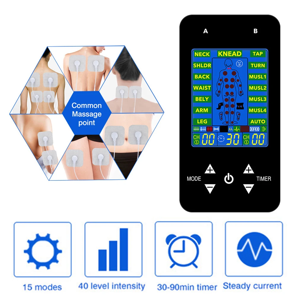 Электрический массажер с 15 режимами 4 электрода для облегчения боли импульсный