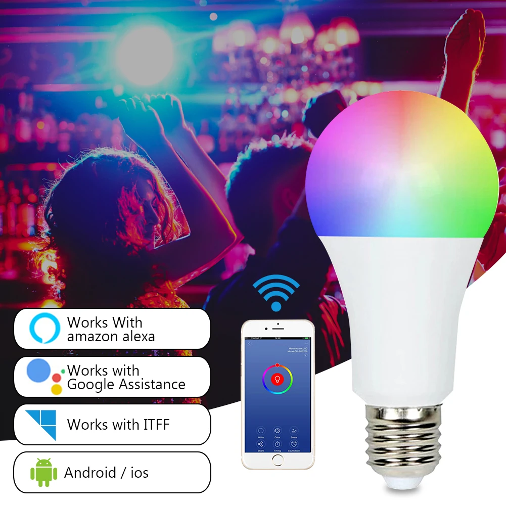 

Приглушаемая светодиодная RGB лампа E26/27, беспроводная смарт-лампа с Wi-Fi, регулируемая функция таймера, волшебная лампа для Alexa/Google Home 85-265 в