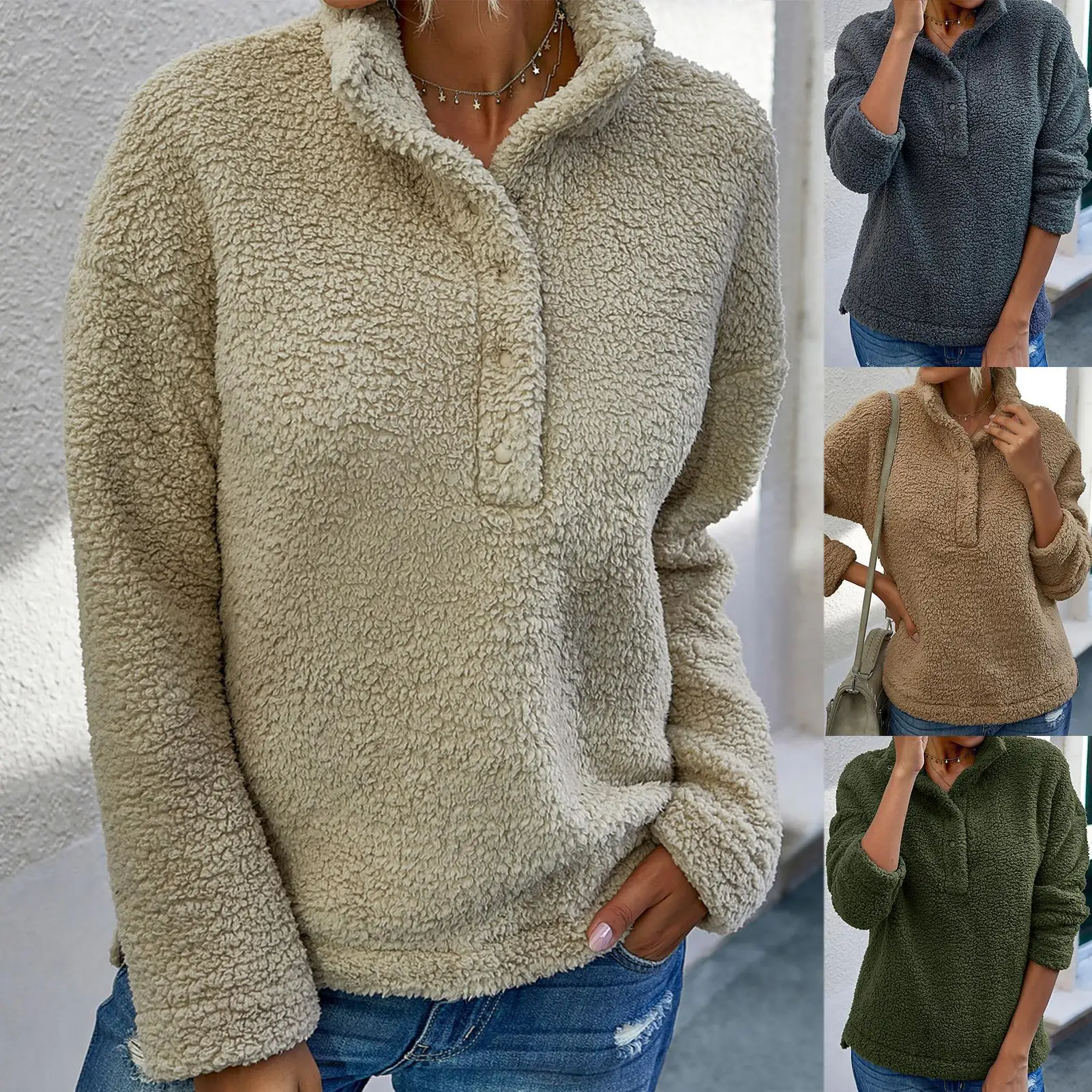 

Autumn Oversized clothing Women Sweatshirts Women Autumn Winter Buttons Stand Collar Long Sleeve Warm Sweatshirt Pullover