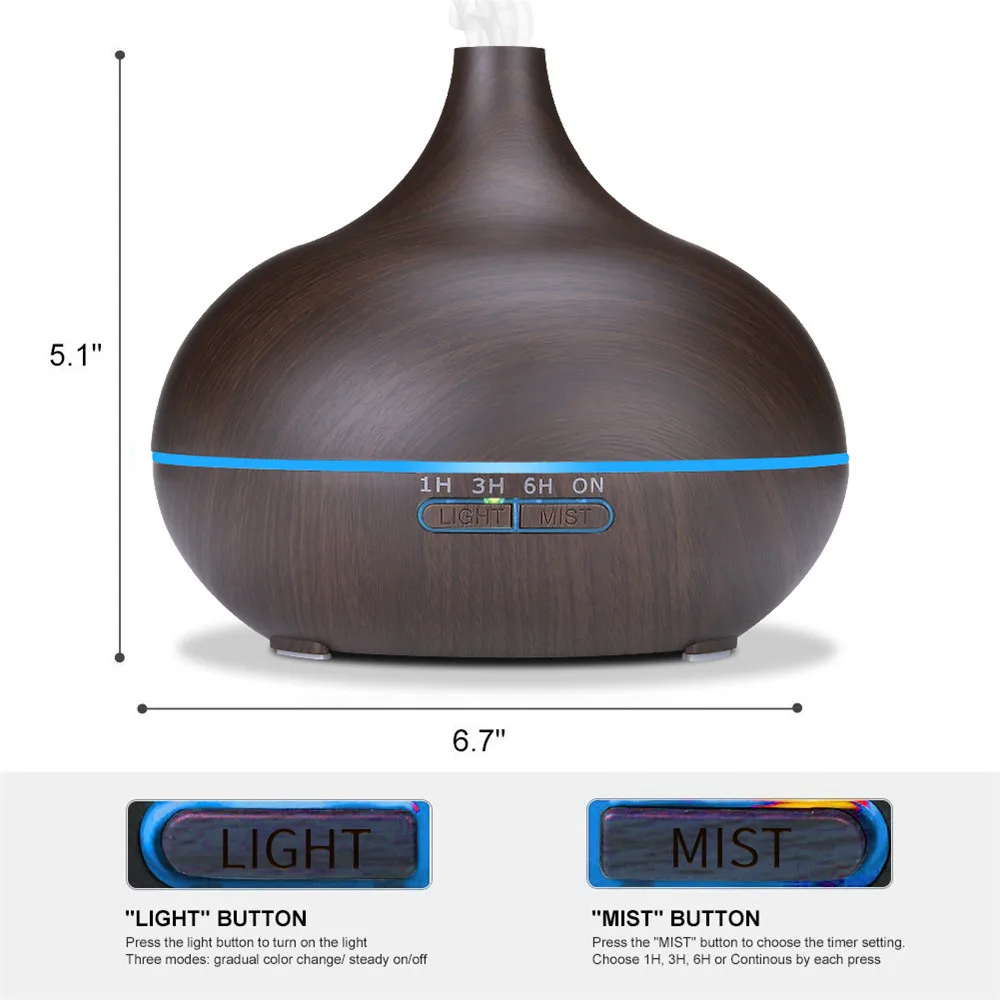 

550ml Aromatherapy Essential Oil Diffuser Wood Grain Remote Control Ultrasonic Air Humidifier with 7 Color LED Light