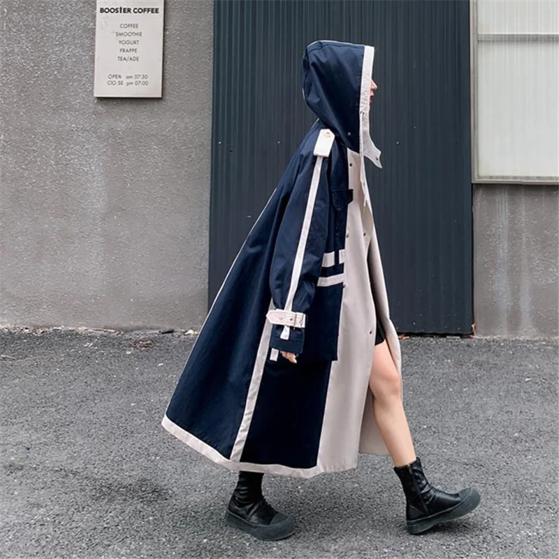 

Spring Hooded Plus Size Women Coat Patchwork Long Trench Coat Korean Clothes Windbreaker Quality Outerwear