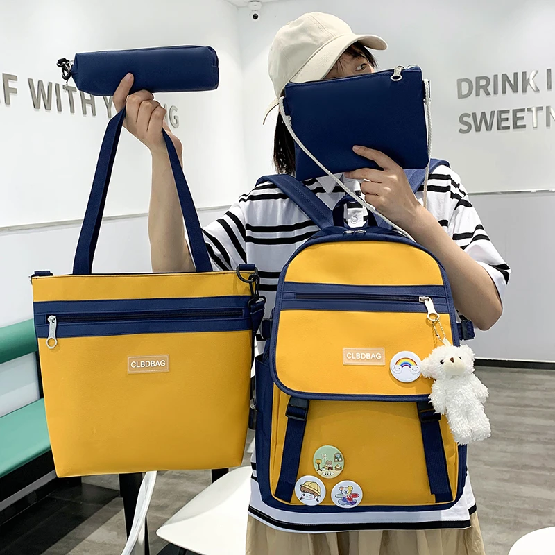 

4 piece Leisure Canvas Large Capacity Cartoon Bear Badge Schoolgirl Backpack Sac Femme Backpack Women Mochila Bags For Women