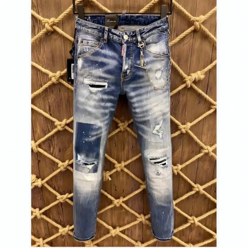 

DSQUARED2 Women's/Men's Skinny Jeans With Ripped Holes elastic Paint Spray Stitching Beggar Pants 9815#