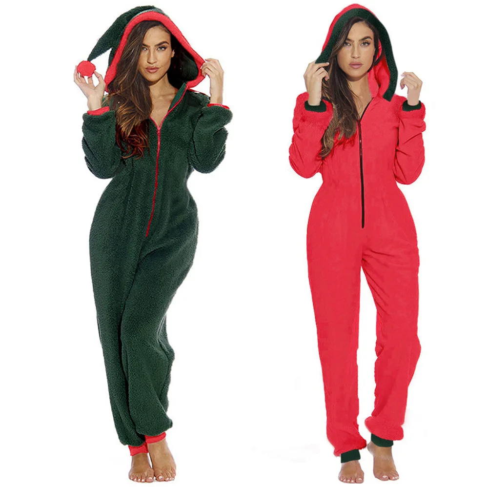 Autumn and Winter Women's Home Clothes Christmas Clown Hat Plush Zipper Jumpsuit Onesie Pajama for Women