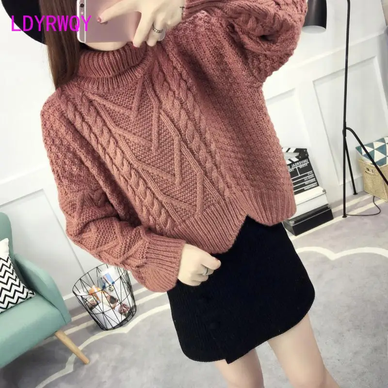 

2020 autumn and winter new Korean version of loose high neck twist sweater women's knitted bat sweater thick thick line top