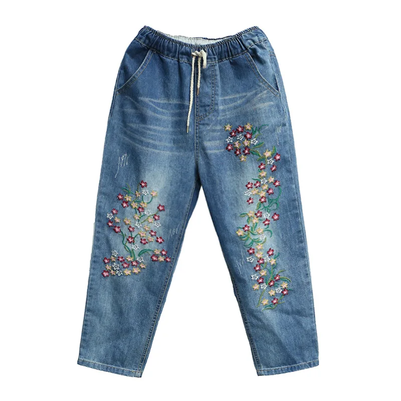 

Women's Harem Jeans Elastic Waist Summer Autumn Floral Embroidery Korean Style Denim Pants Calf Length Trousers