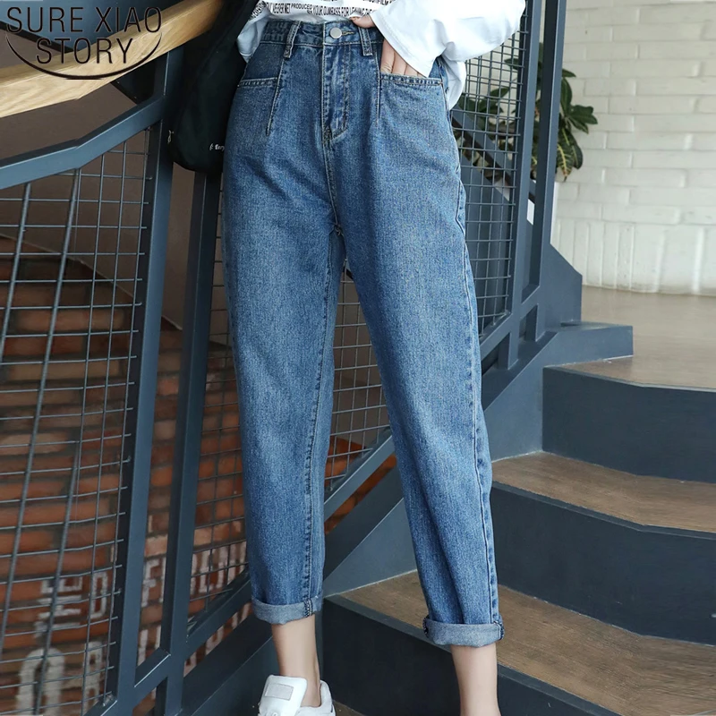 

Loose High Waist Jeans for Women 2022 Autumn Jeans Woman Soft Casual Denim Trousers Ankle-length Harem Capris with Blue 10729