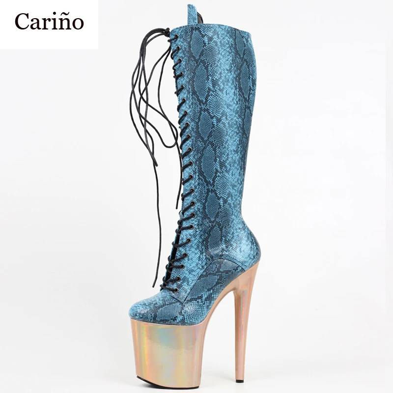 

Модные туфли с принтом змеи для танцев на шесте, 8 дюймов, высокие сапоги до колена на очень высоком каблуке и платформе с перекрестной шнуро...