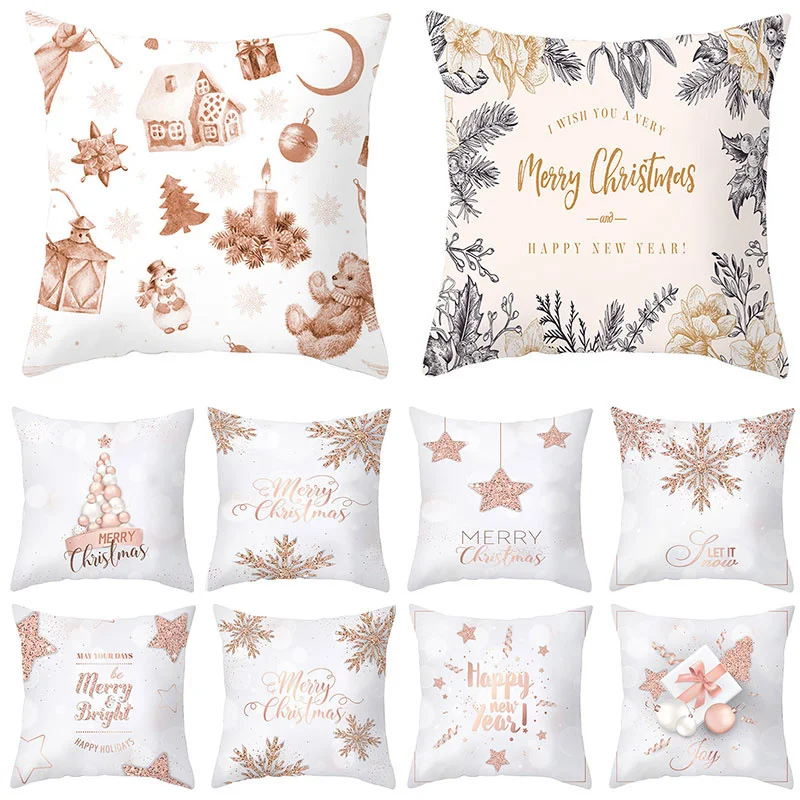 

Merry Christmas Snowflake Pillow Case Pink Gold Printed Pillowcases Home Textile For Christmas Home Decoration Cushion Cover