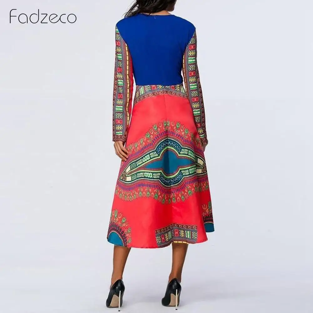 Fadzeco Новое Африканское платье Femme модное миди с принтом длинными рукавами
