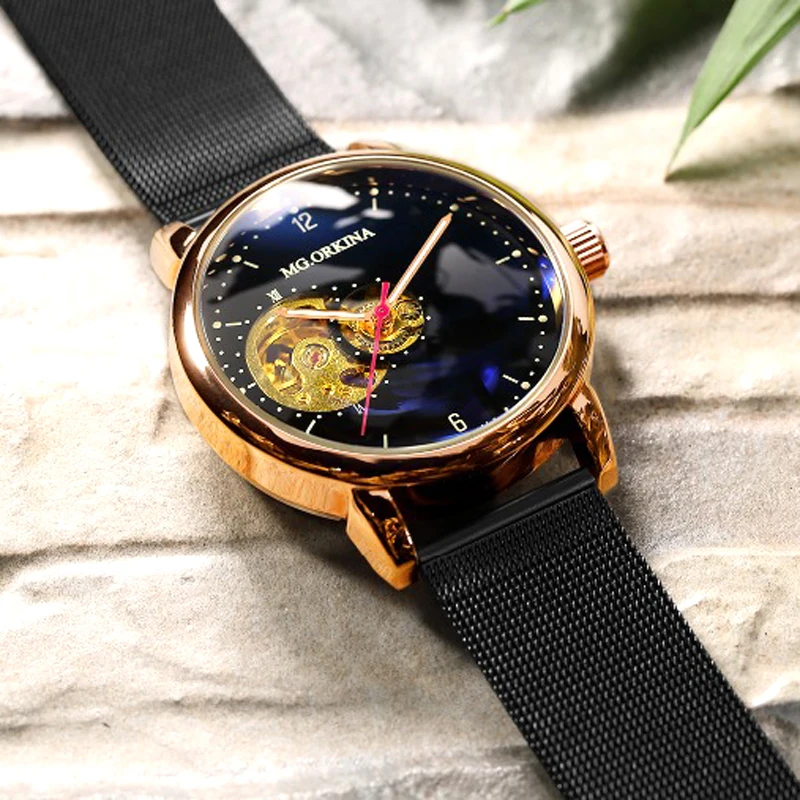 Часы-скелетоны мужские механические из нержавеющей стали цвета розового золота |