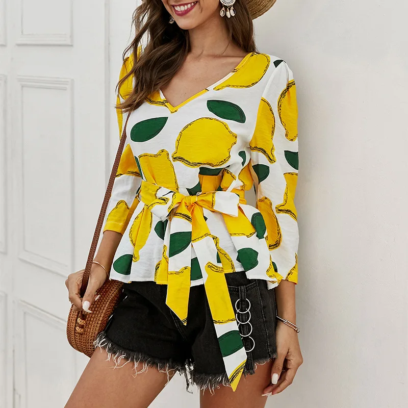 

2021 Fashion Spring Summer Lemon Print Shirts Women Three Quarter Sleeve V-neck Print Blouses and Tops With Sash Female Tops