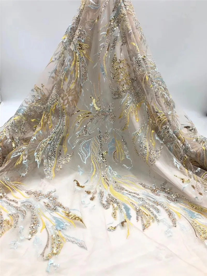 

high quality african beads net tulle lace fabric 5yards mesh lace with sequins for wedding or party JHJU032