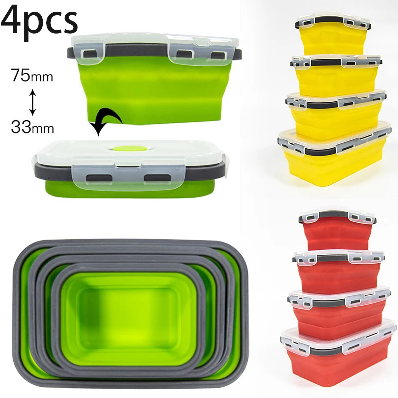 

4 PCS Silicone Collapsible Lunch Box Portable Food Container Microwavable Multi Capacity Picnic Camping Rectangle Outdoor Box