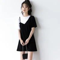 2021 summer new black and white assorted colors false two piece dress womens loose french age reducing inspirational design