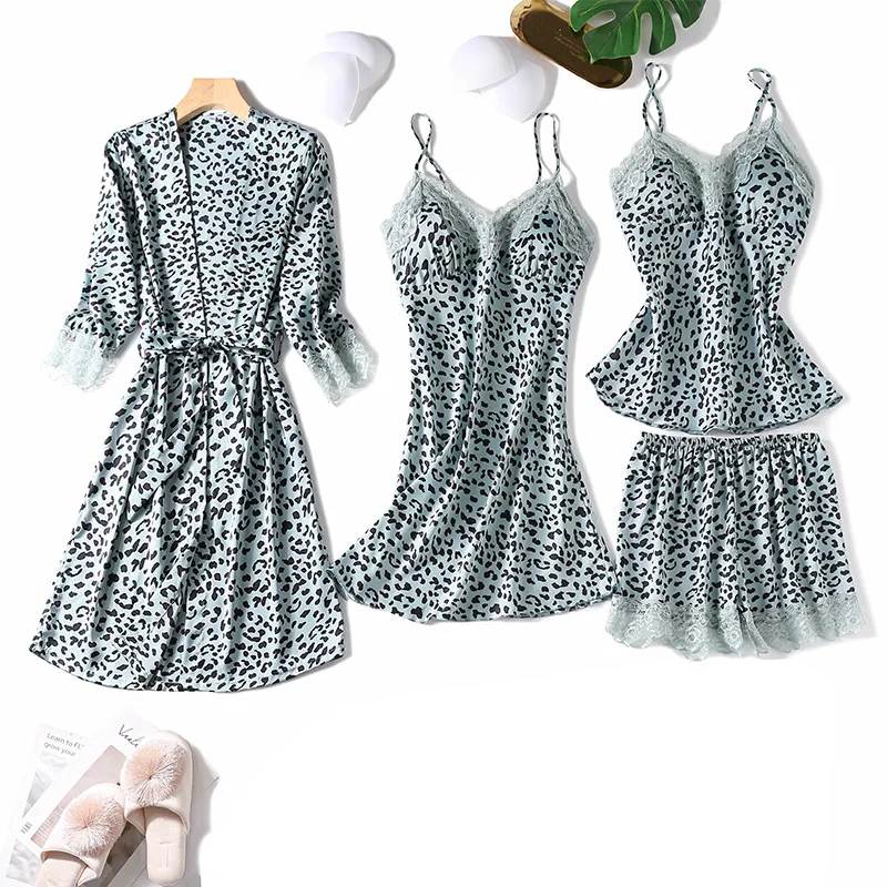 4pcs/ Set Leopard Pajamas Faux Silk Women Sexy Lace Summer Sleepwear Bathrobe Sling Skirt Shorts Satin Lady Pyjamas Homewear