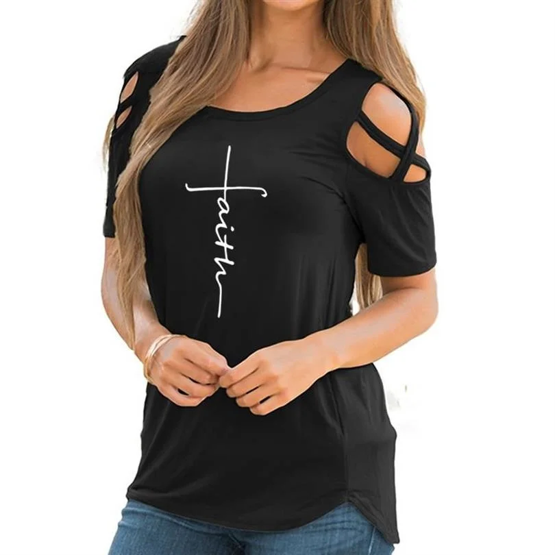 

Fashion 2021 Summer T-Shirt For Women Faith Letters Print Top T-Shirt Female Casual Plus Size Off Shoulder Short Sleeve T-shirt