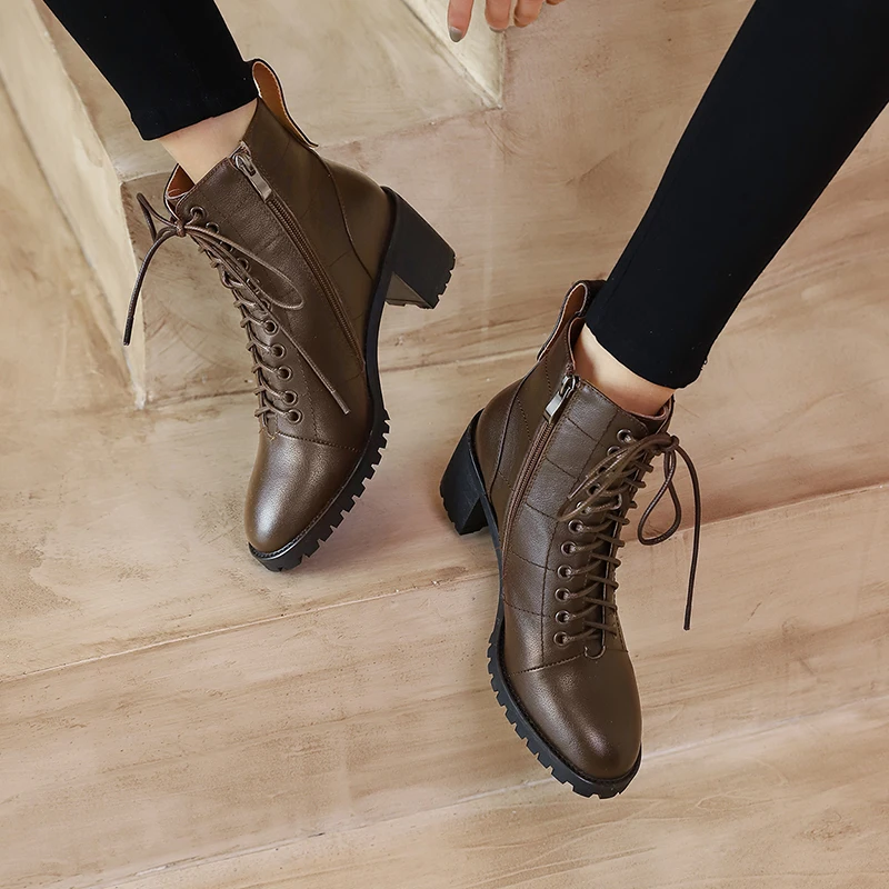 Murah Ukuran 34-43 Fashion Sepatu Bot Kulit Asli Wanita Booties Renda Putih Hitam Wanita Sepatu Bebas-slip Gadis Martin Boots
