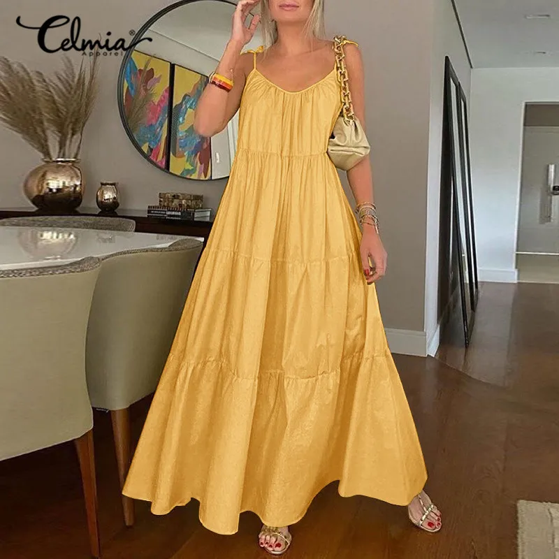 

Celmia Sleeveless Bohemian Long Dress Women Sexy Spaghetti Strap Summer Sundress Casual V-neck Pleated Maxi Vestidos Beach Robes