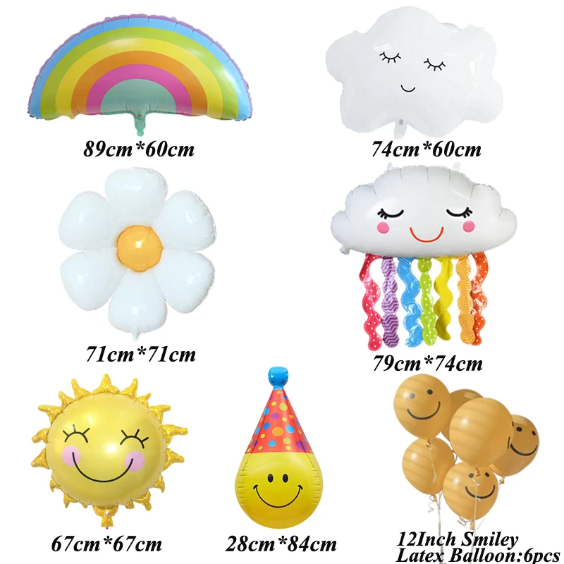 9Pcs Rainbow Sunflower Clouds Foil Balloons 12Inch Yellow Smiley Latex Ballon Set Baby Shower Wedding Birthday Party Decorations | Дом и сад