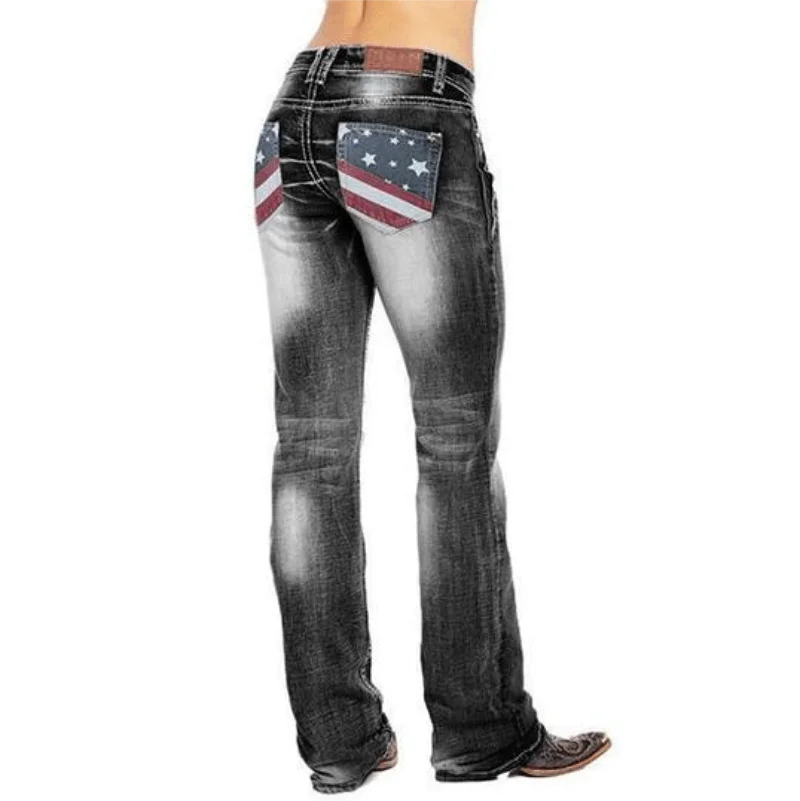 

2021 New Women's Spring and Summer Fashion Casual European and American American Flag Retro Mid-waist Fitted Washed Jeans KZ001