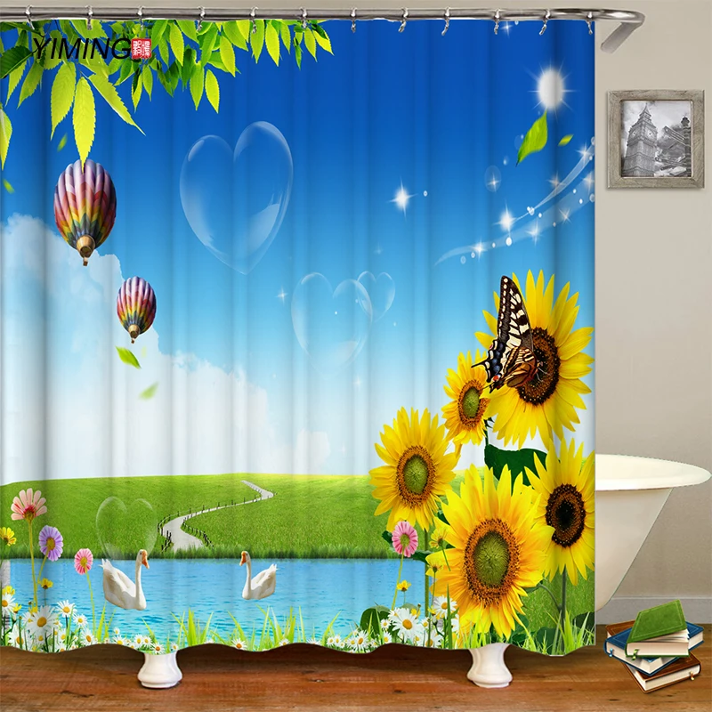 

Beautiful sunflower field flower printing bathroom curtain polyester waterproof home decoration bath curtain with hook