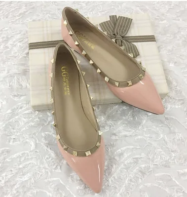pink patent Г., женская обувь для взрослых, новинка, большие размеры 40, 46, 34, черные, белые блестящие женские туфли на плоской подошве с острым носком и заклепками без шнуровки - Цвет: pink patent