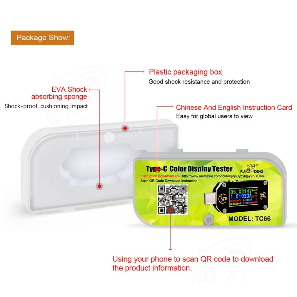

TC66 USB Tester PD Trigger Power Meter Type-C Voltage Current Tester Multimeter Ammeter Voltmeter Color LCD Display