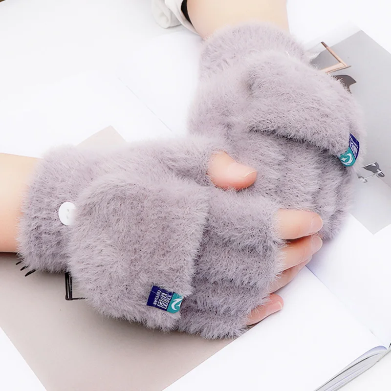 

Keep Warm In Winter Female Plush Gloves Student Open Fingered Flip Gloves Outdoor Gloves Thickened To Prevent Cold