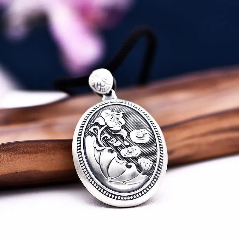 

Original Necklace Women's Sterling Silver Fashion Handmade S925 Lotus Heart Sutra Pendant Hanging Ornament Retro Simple Long