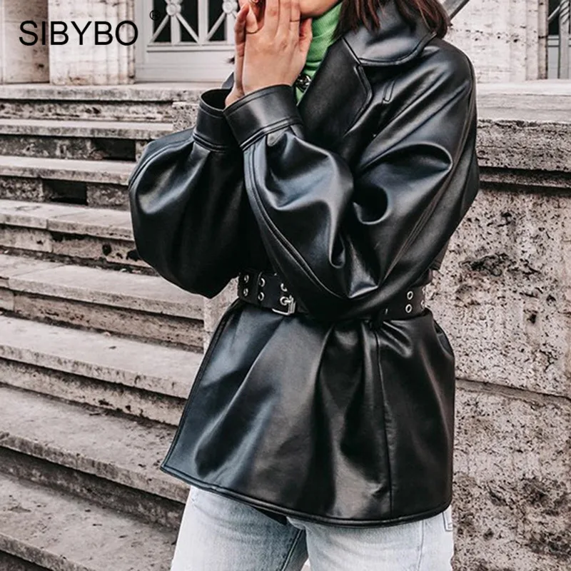 SIBYBO гранж стиль пояса зимняя куртка для женщин с длинным рукавом из искусственной кожи женские пальто и куртки осенние черные повседневные женские топы