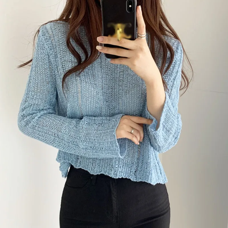 

Women Casual Hollow Knitted Sweater Female Loose Thin Pullover Long Sleeve Jumpers.