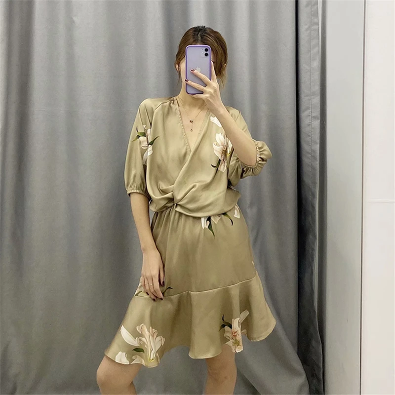 GLAUKE весеннее платье цвета хаки с принтом винтажное женское повседневное