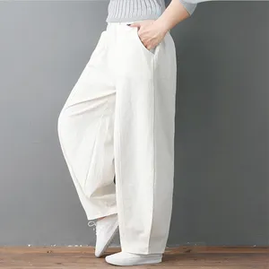 Брюки женские свободные из хлопка и льна, с высокой эластичной талией, широкие, Осенние, размера плюс, 7XL