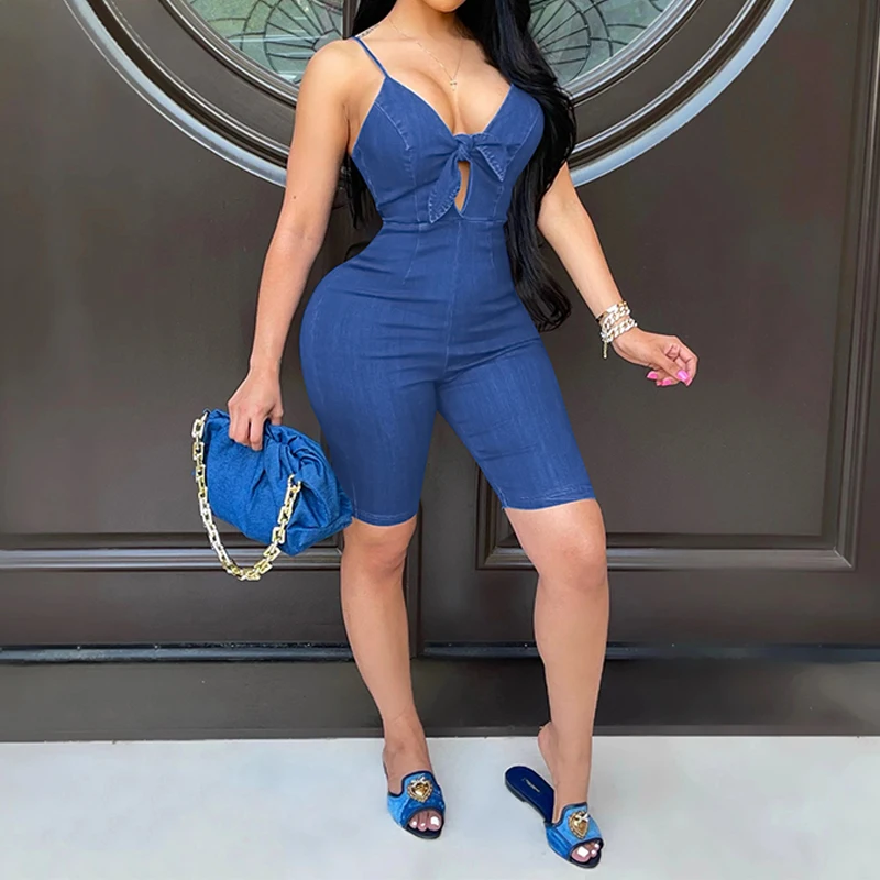 

Spaghetti Strap Tie Front Playsuit Summer Hollow Out Backless Skinny Denim One Piece Rompers