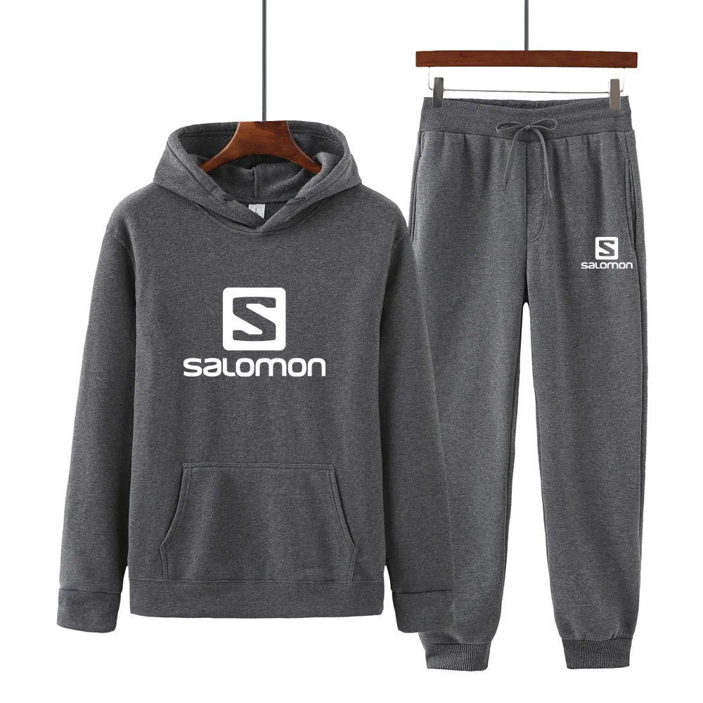 

Men's spring and autumn S printed hooded sweater + casual trousers two-piece suit of the same color fashion trend men