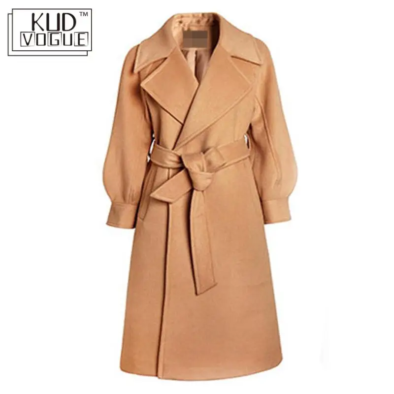 Женское длинное пальто теплое с отложным воротником и регулируемым поясом для