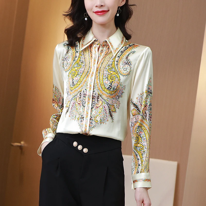 

Женская атласная блузка с отложным воротником, элегантная рубашка из натурального шелка с длинным рукавом и винтажным принтом, весна-лето