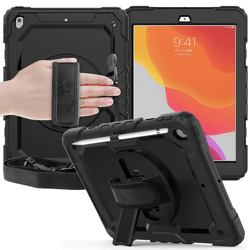 

For iPad 7th contrast color strap hand strap tablet cover iPad 10.2 2019 silicone PC rotating bracket protective case