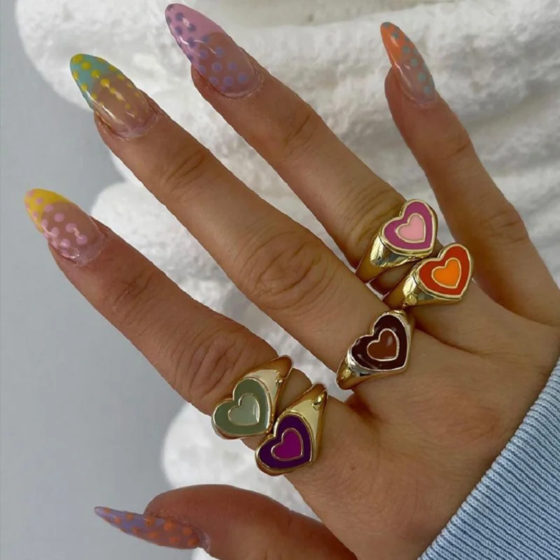 

2021 New Double Layer Love Ring European and American Fashion Trend Retro Sweet Dripping Oil Heart Ring Rings for Women Jewelry
