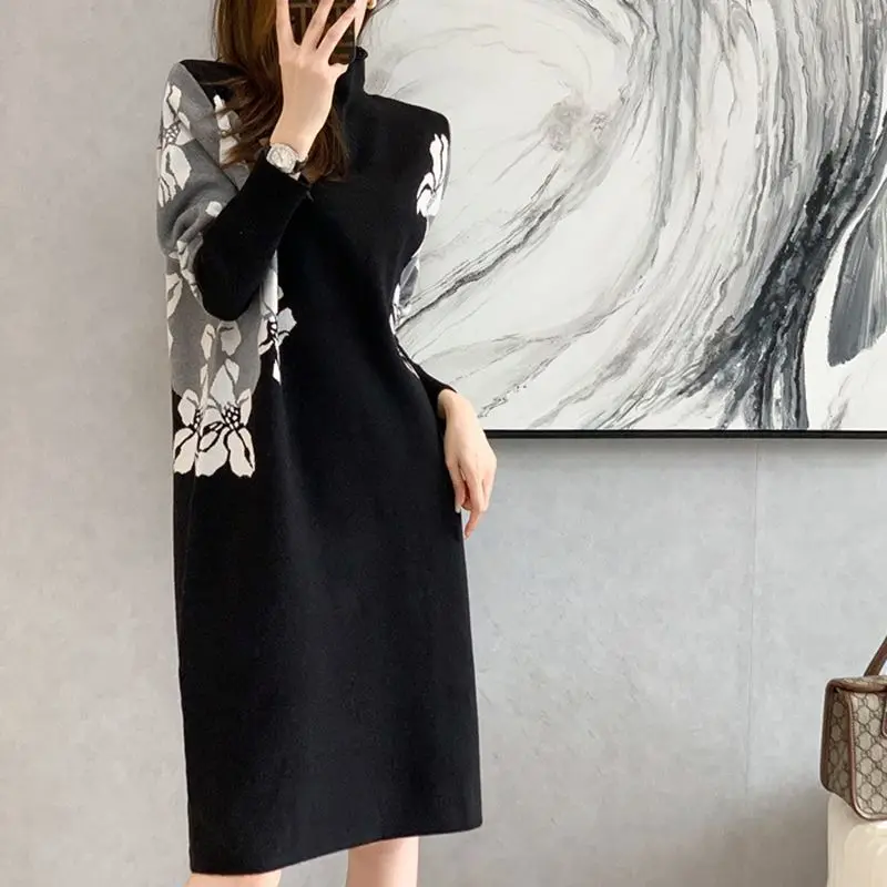 

BYGOUBY Floral Knitted Women Long Straight Sweater Dress Long Sleeve Pullover Tunic Jumper Wint Christmas Party Dress Robe Femme