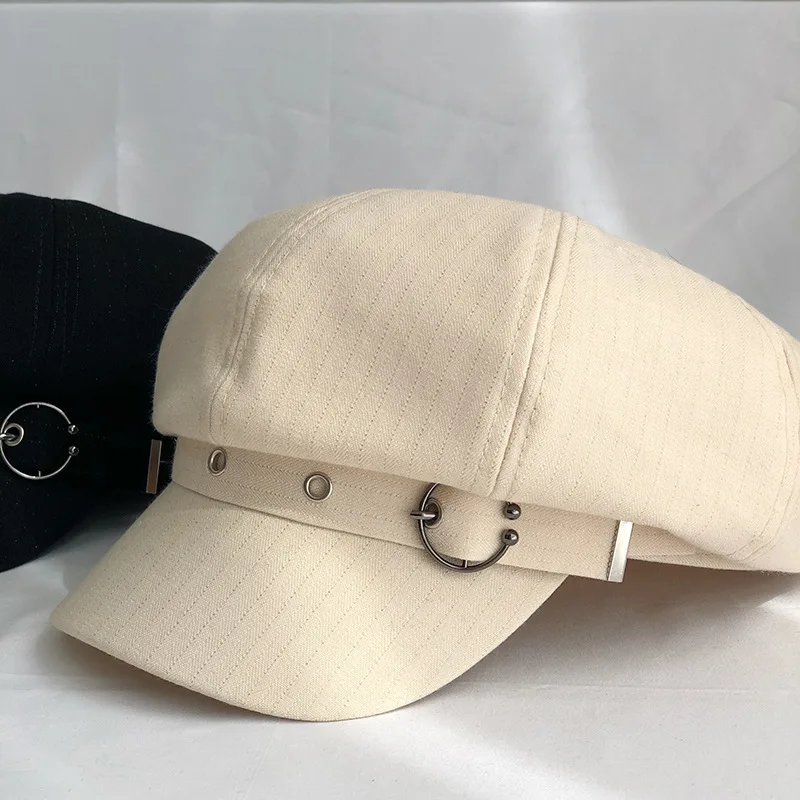 

2021 New Fashion Hat Women Octagonal Cap Beret Striped Retro French Artist Hat Painter Octagonal Hats Black Brown Casual Caps